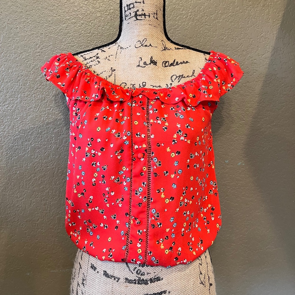 Sienna Sky Red Floral Elastic Ruched Waist Short Sleeve Blouse Top Sz SM